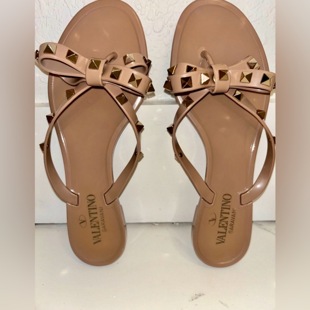 Valentino Garavani Tan Sandals with Gold Studs